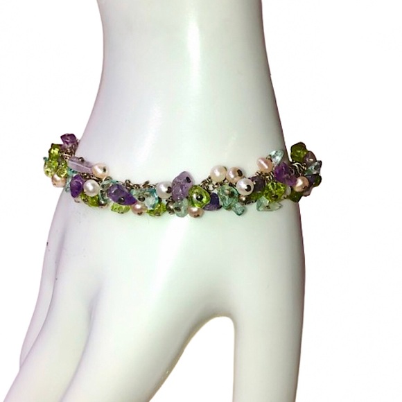 STERLING SILVER Cha Cha Gem Bracelet w/ Heart Charm Peridot Topaz Amethyst Pearl - Picture 1 of 12